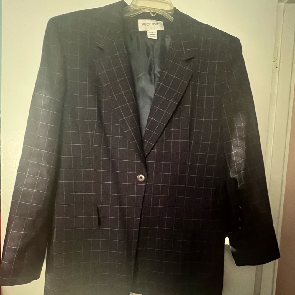 Navy Blue and White Fully lined Two-Piece Window pane print skirt suit